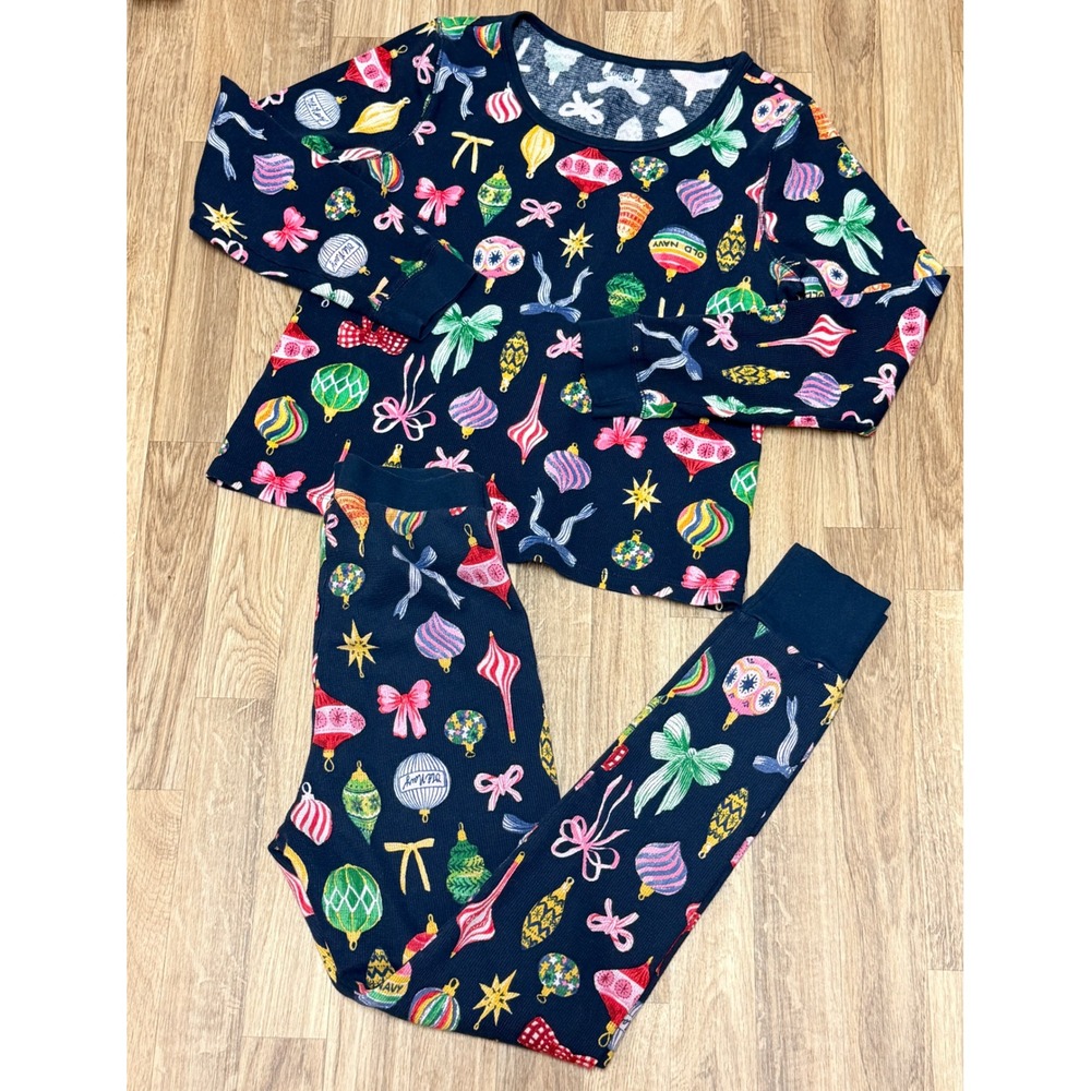 Old Navy Womens Thermal Pajama Set Navy Blue Christmas Ornaments Waffle Knit M